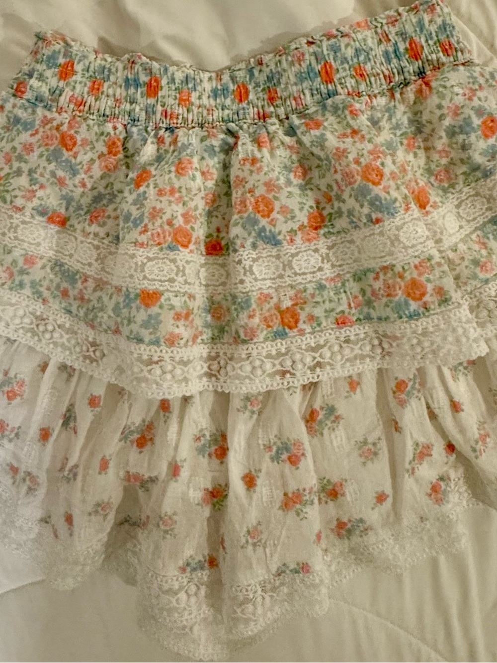 Floral Lace Tiered Mini Skirt - White with Orange & Blue Floral